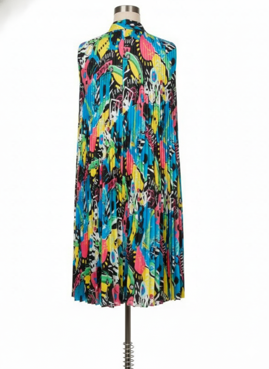 Pre-owned Balenciaga Pleated Abstract Midi Cape Dress in multicolour, full front view, showing sculptural pleating and cape silhouette