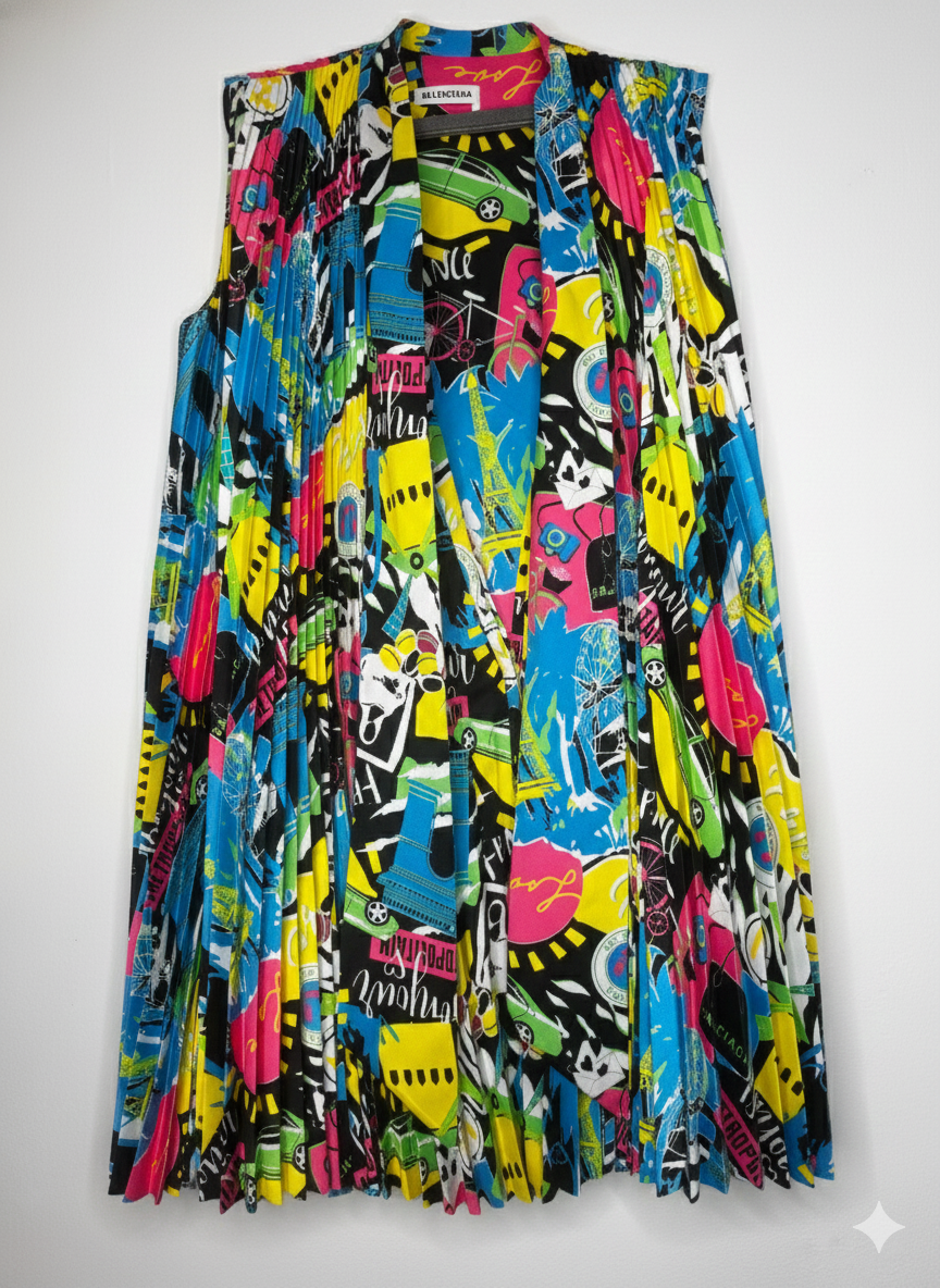 Balenciaga pleated cape dress captured in motion, highlighting flow and architectural shape.
