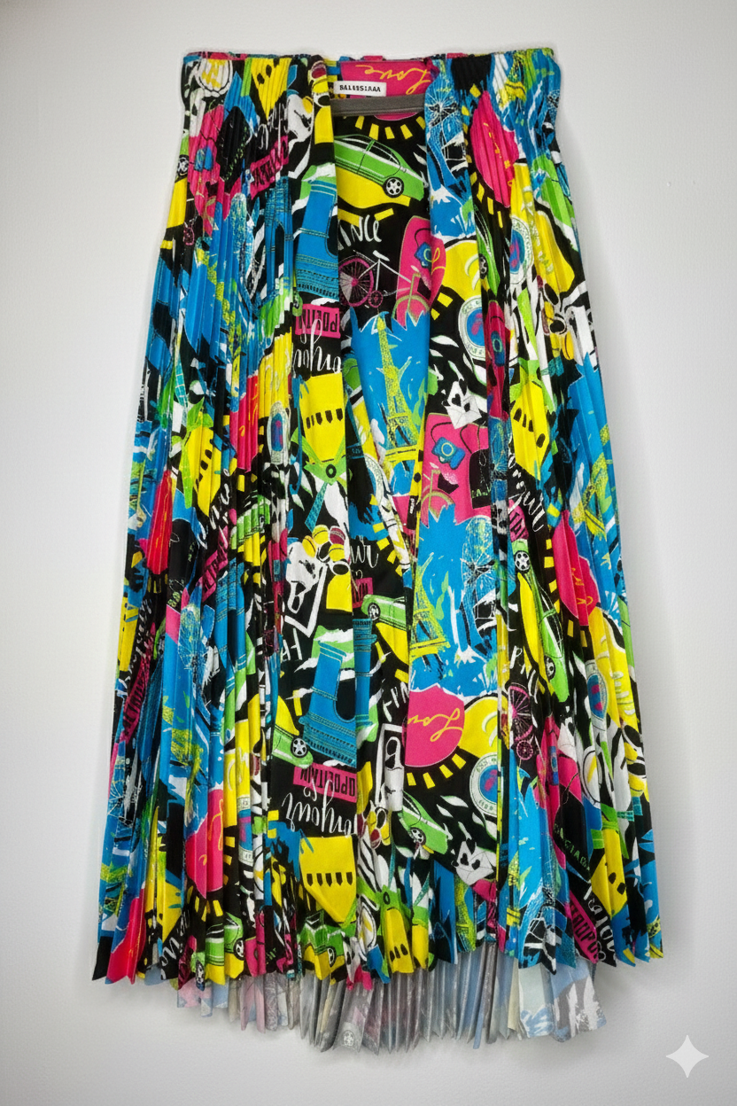 “Close-up of Balenciaga pleated fabric showing multicolour abstract print and fine craftsmanship.”