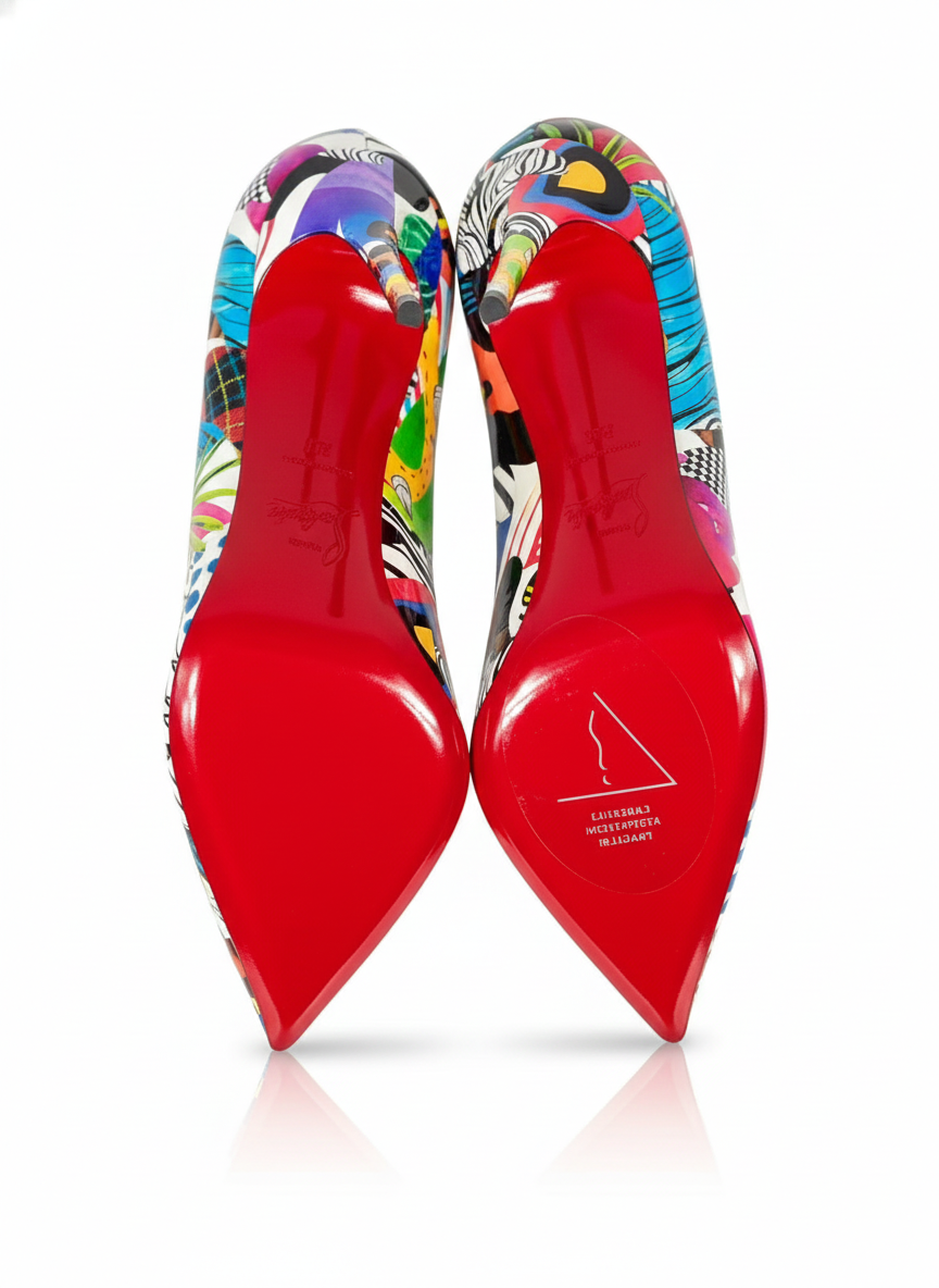 Signature red soles of brand new Christian Louboutin Hot Chick 100 heels, unworn.