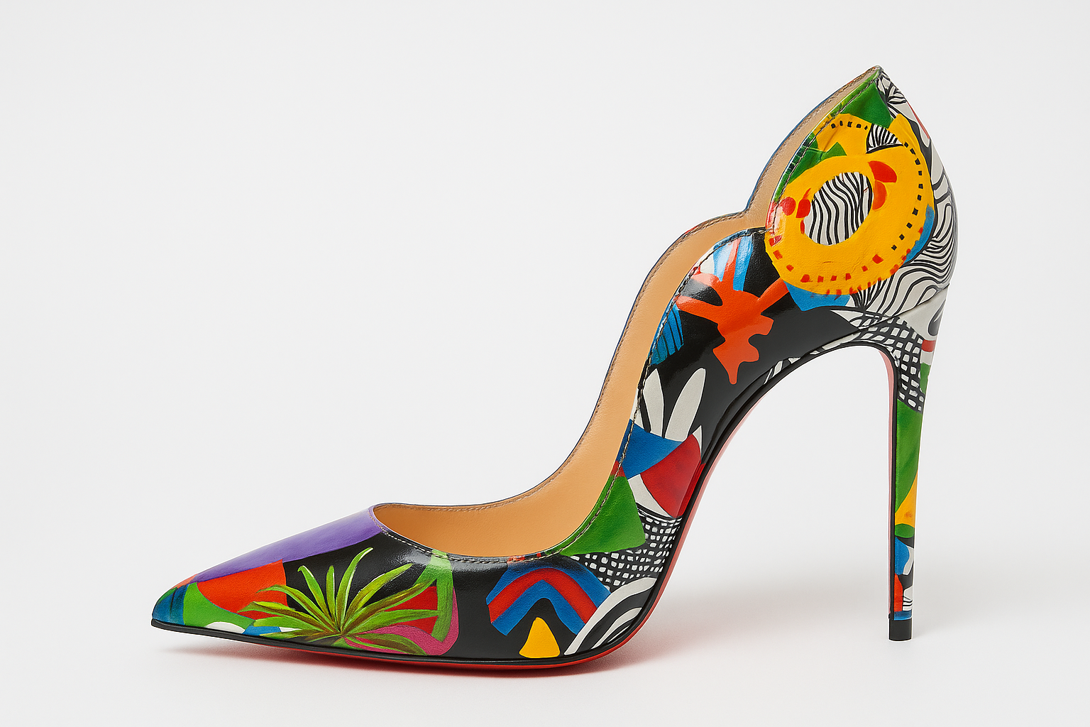 Side view of brand new Christian Louboutin Hot Chick 100 pumps in multicolour graffiti print.