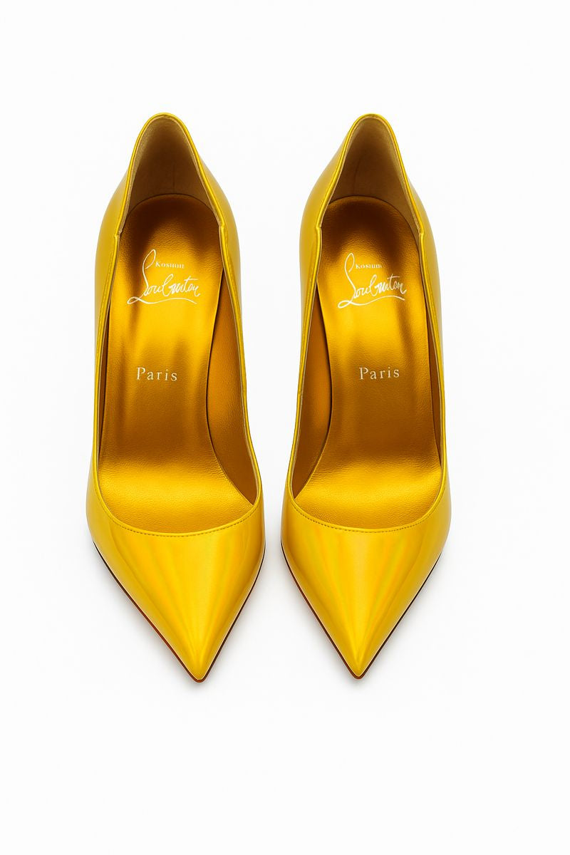 Brand new Christian Louboutin Hot Chick 100 patent pumps in metallic yellow, size 37.