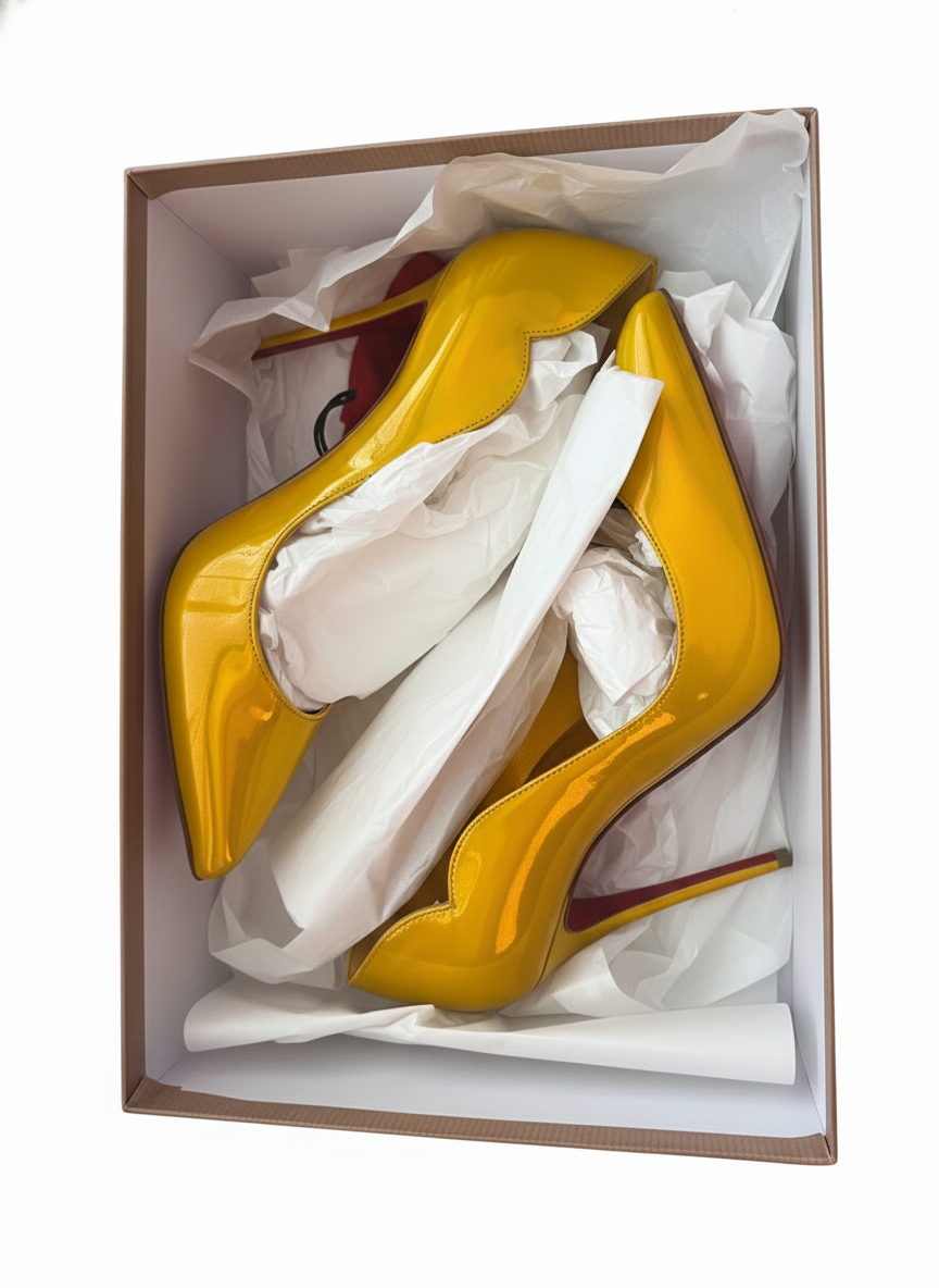 Christian Louboutin Hot Chick 100 metallic yellow pumps presented in original box with tissue.