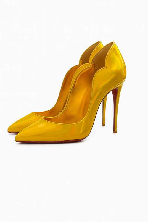 Side view of Christian Louboutin Hot Chick 100 metallic yellow patent heels, unworn.