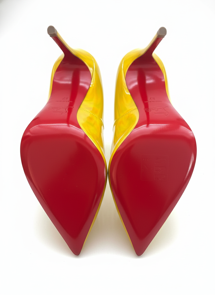Close-up of red sole and size stamp on Christian Louboutin Hot Chick 100 heels.