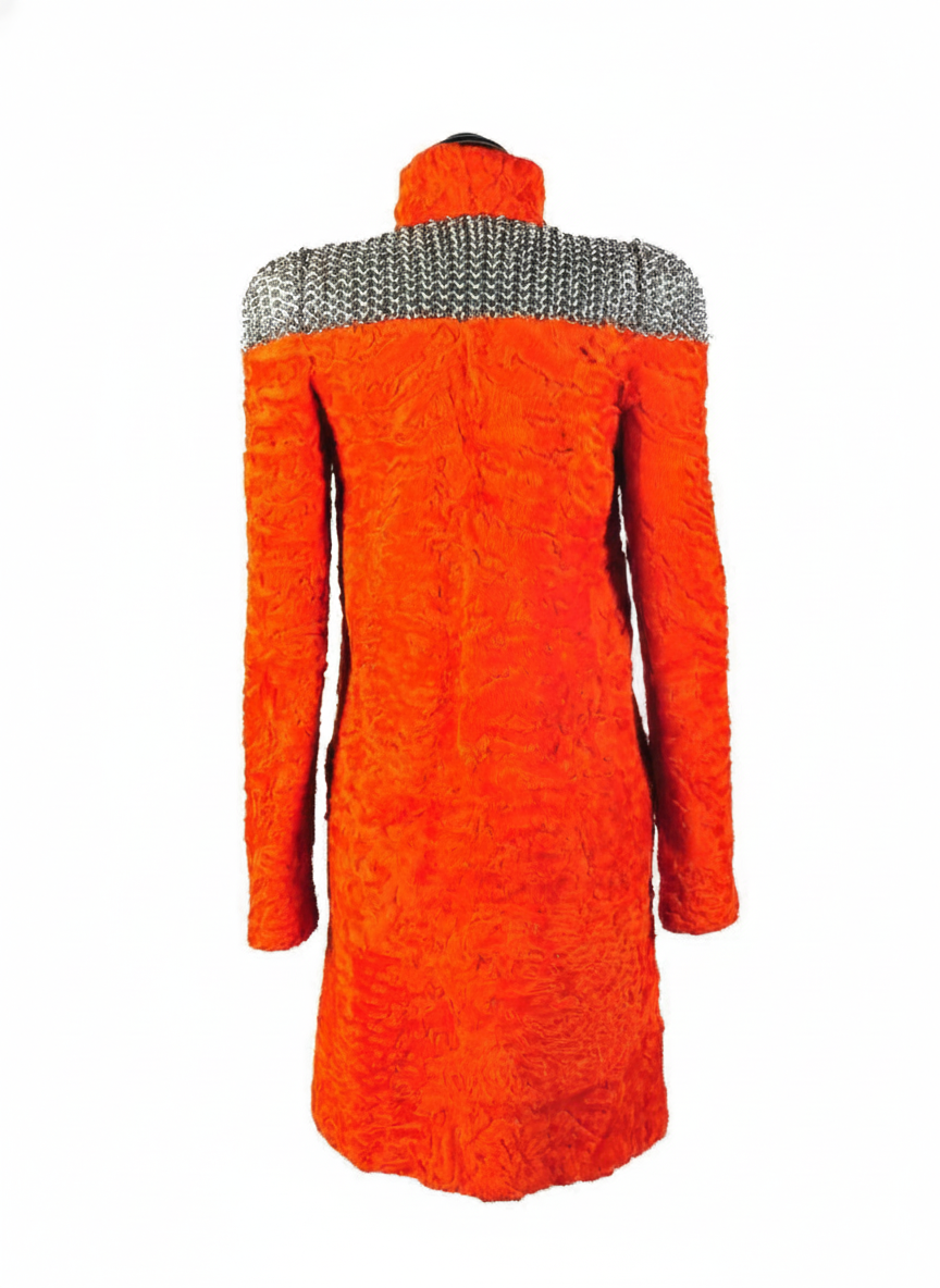 Back view of pre-owned Versace runway Persian sheep fur coat showing sculptural silhouette and texture.