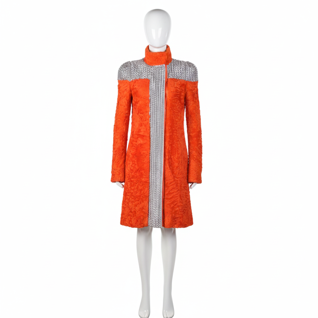 Front view of pre-owned Versace runway Persian sheep fur statement coat from a private collector’s collection.