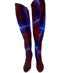 Front view of Vivienne Westwood special edition over-the-knee boots in multicolour tartan fabric with pointed toe and high stiletto heel.