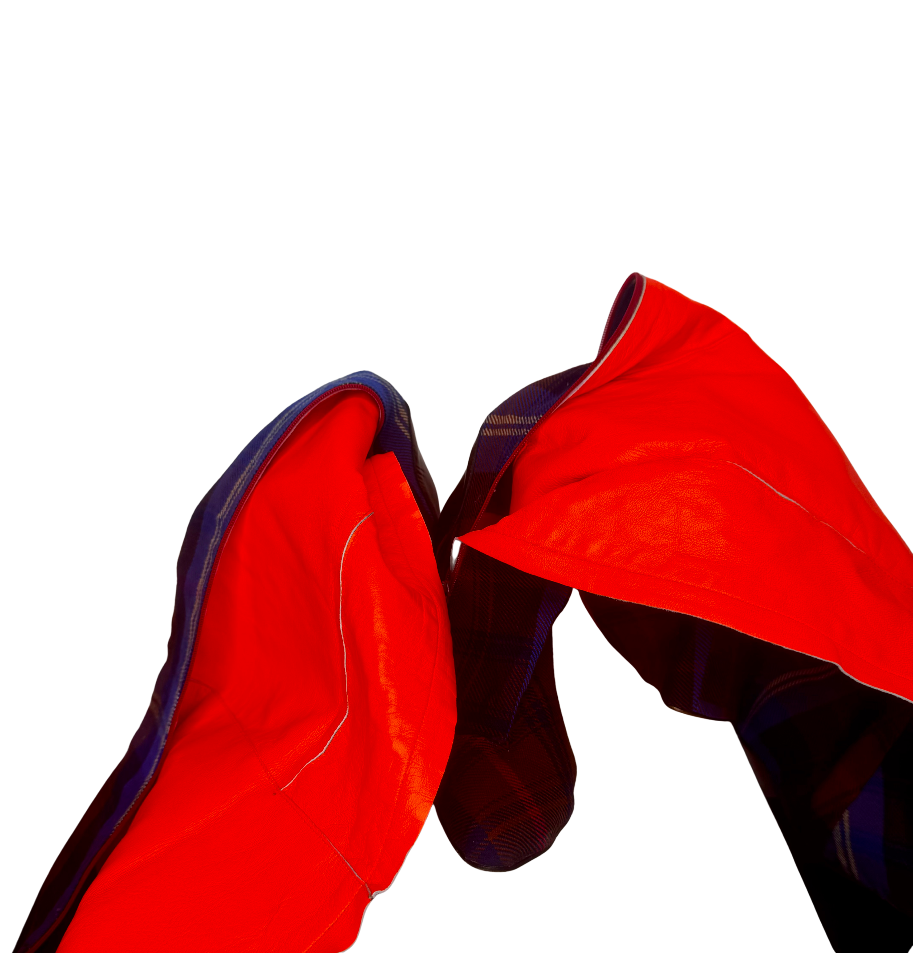 Interior view of Vivienne Westwood over-the-knee boots showing red leather lining and structured interior finish.