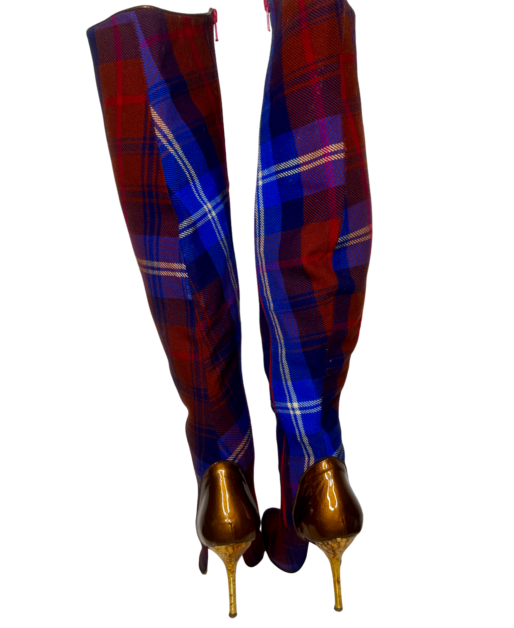 Back view of Vivienne Westwood over-the-knee tartan boots showing metallic gold stiletto heels and tailored textile construction.