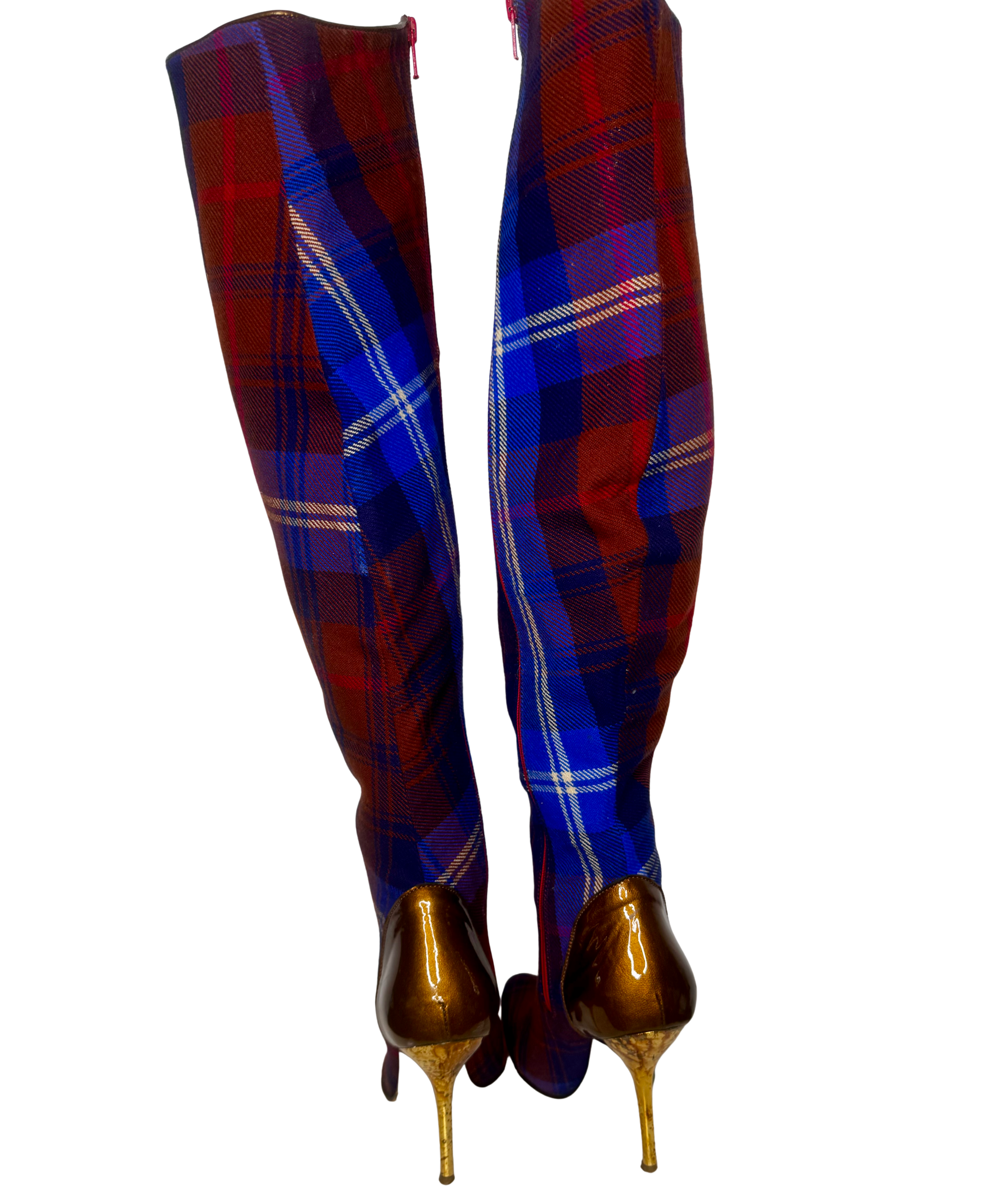 Back view of Vivienne Westwood over-the-knee tartan boots showing metallic gold stiletto heels and tailored textile construction.