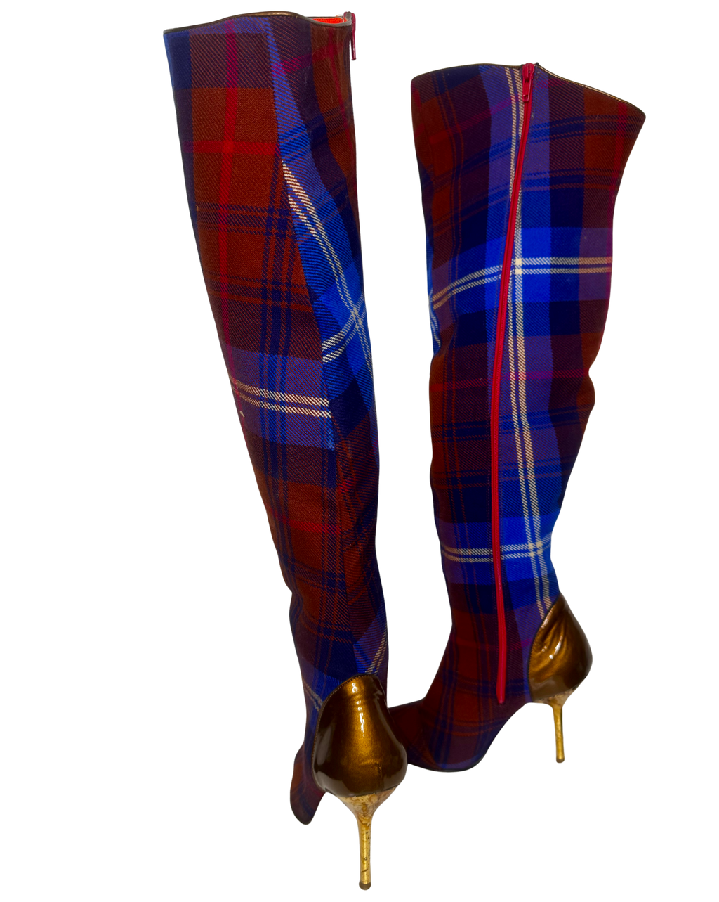Angled rear view of Vivienne Westwood tartan boots highlighting the gold heel finish and structured ankle shaping.