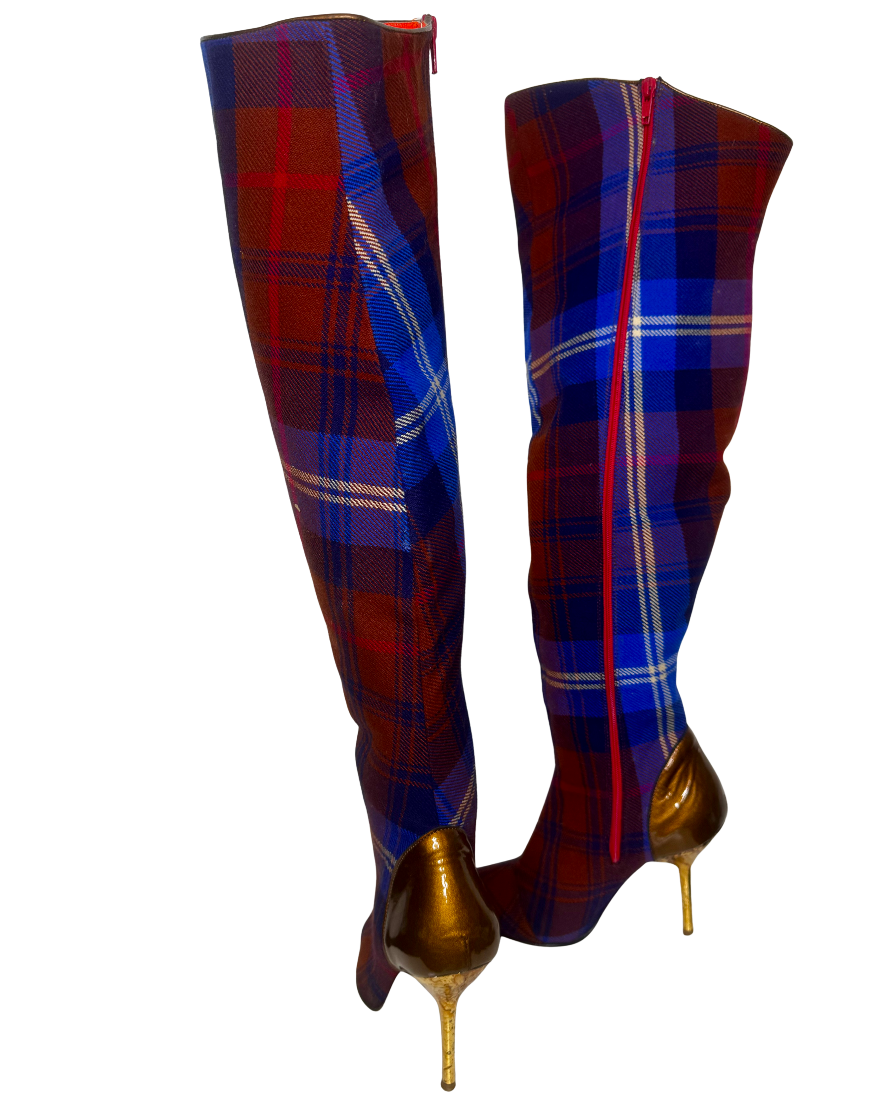 Angled rear view of Vivienne Westwood tartan boots highlighting the gold heel finish and structured ankle shaping.